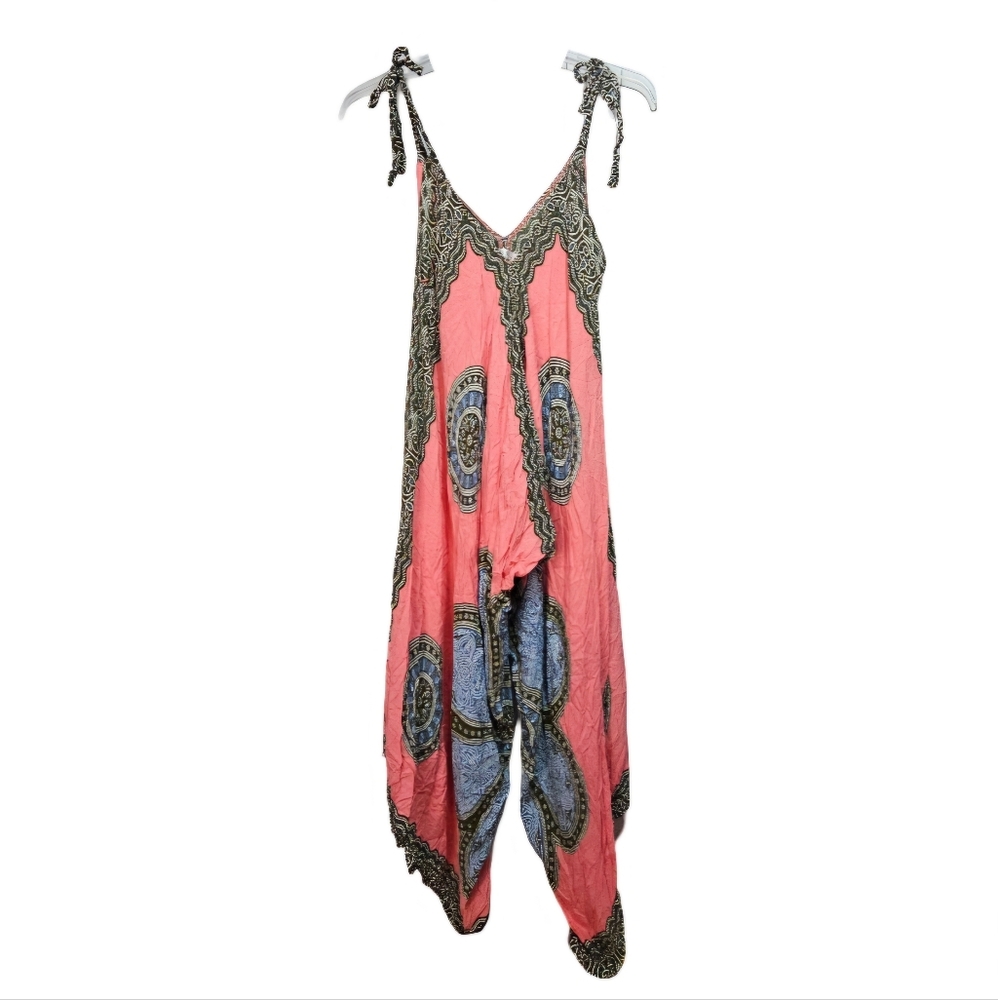 Bali Prema Women's Coral Lightweight Tie Shoulders V-Neck Jumpsuit Size Medium.